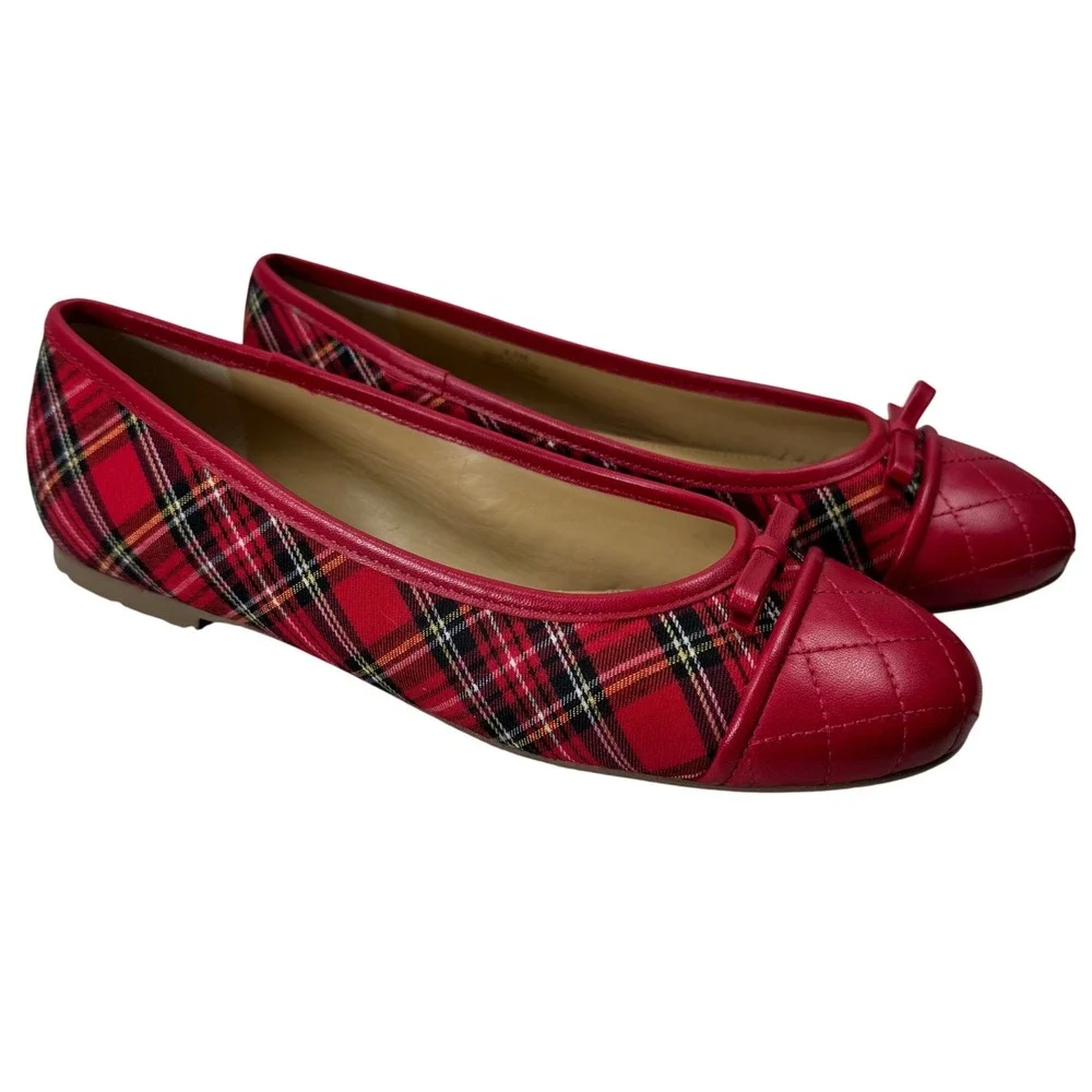 Talbots Ballet Flats Women 8.5M Red Plaid Tartan Quilted Preppy Shoes Academia